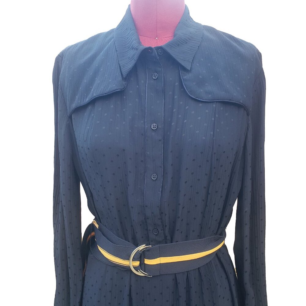 Sandro Paris Marc Dress Navy Blue Crinkle Dot Long Sleeve Button Front 40 US 8 - Picture 2 of 9